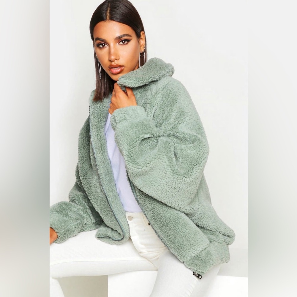 Boohoo Oversized Teddy Faux Fur Bomber Jacket - Sage - Size 12 - NWT